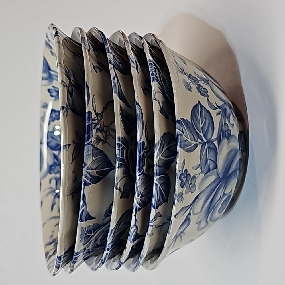 S/6 Harry and David 2005 6" Blue and White Rose Floral Ceramic Bowls